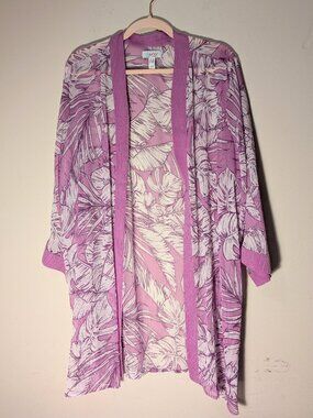 Denim & Co. Tropical Palm Printed Open Front Topper in Wisteria 2X